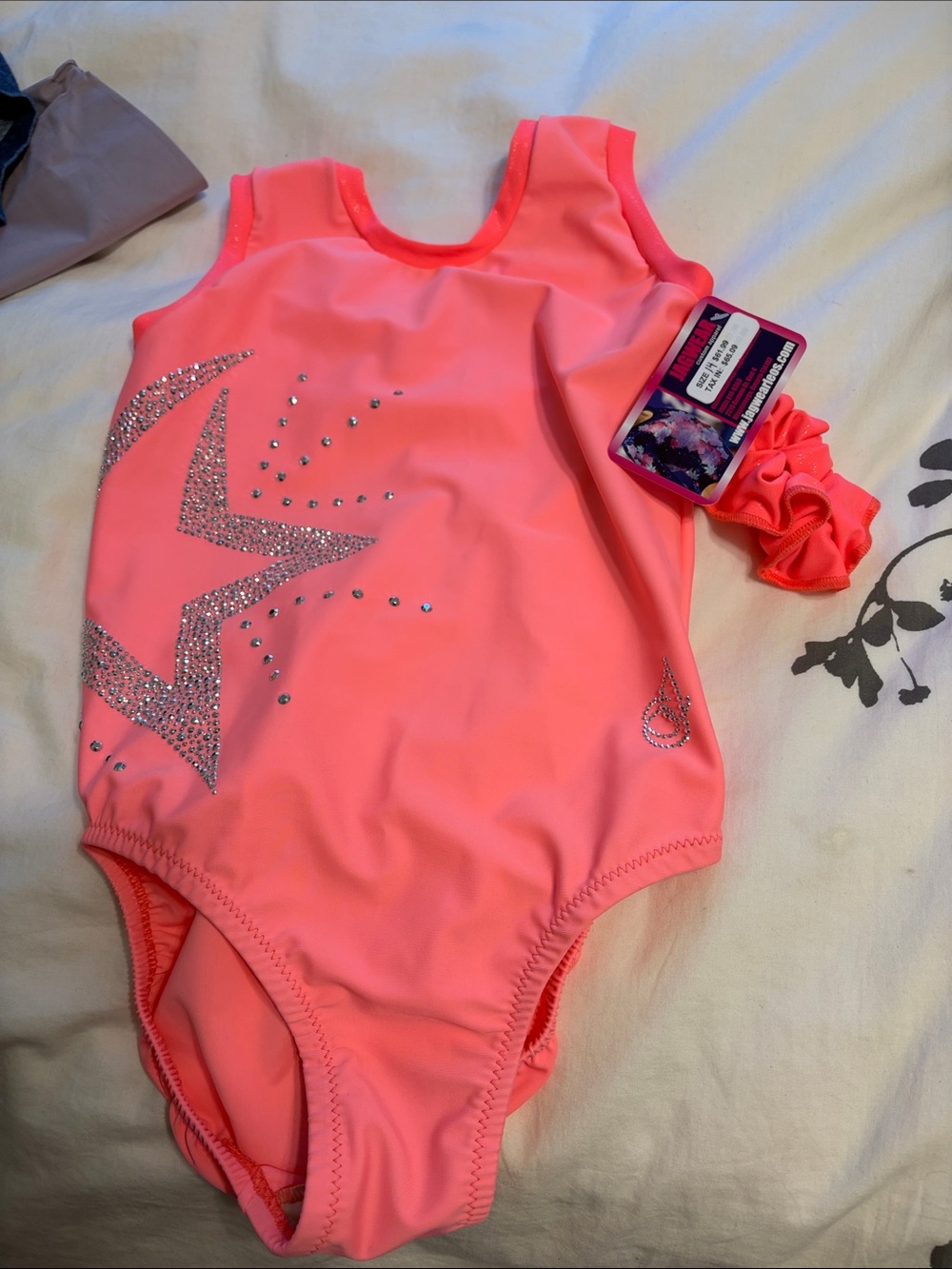 Girls Neon Pink/corral colour Gymnastics Leotard with Sparkle Star- Jagwear
